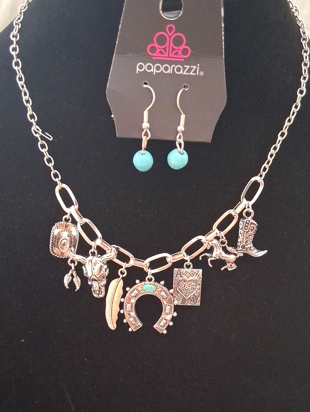 paparazzi Silver-Tone Western Charm Necklace with Turquoise Accent and Earrings